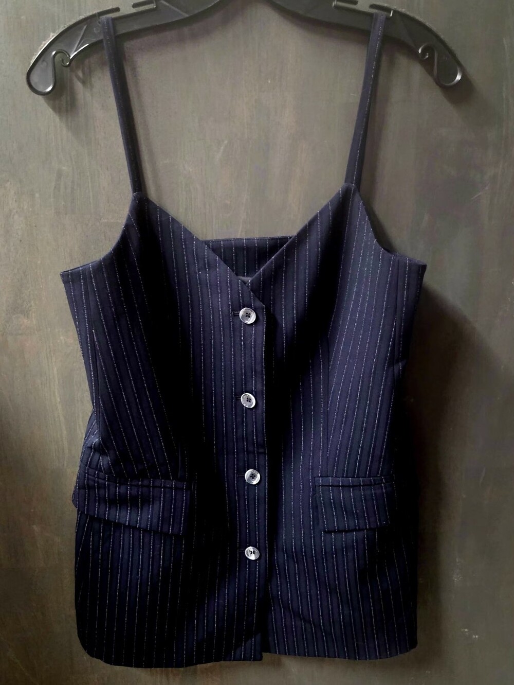 MARELLA NWOT Navy Pinstripe Button-Front Spaghetti-Strap Top